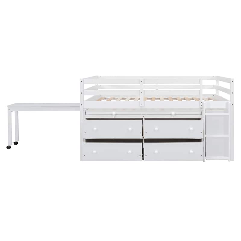 White Full Size Solid Wood Loft Bed with Retractable Desk and Drawers