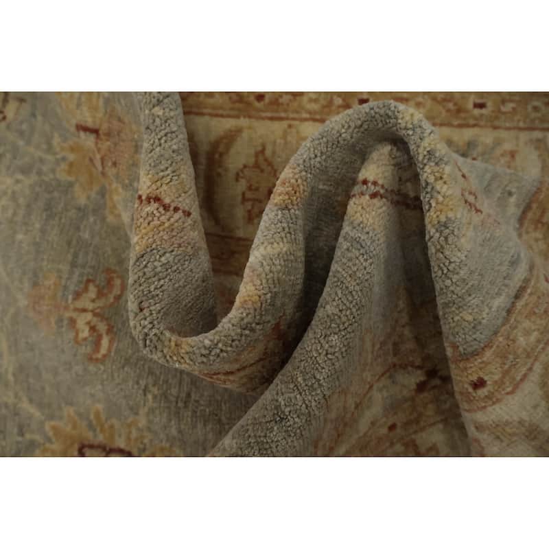 Hand Knotted Oriental 100% Wool Carpet Traditional Floral Greys & Charcoal Peshawar Runner Rug - 9' 8'' X 2' 9''