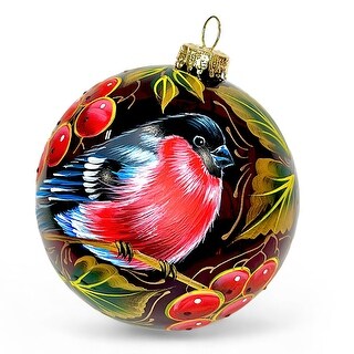 Collectible 3.9" Hand-Painted Premium Glass Ornament – Bullfinch on Rowan Tree