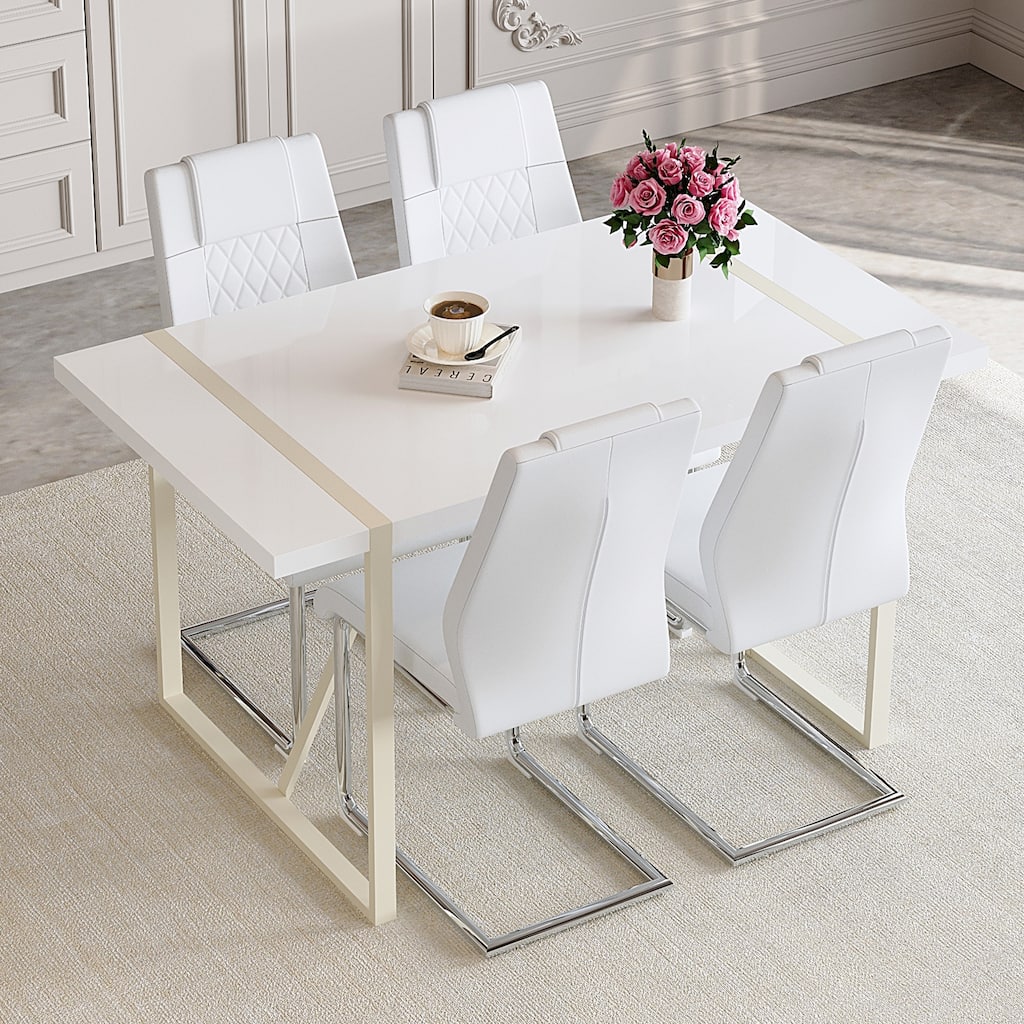 Roomfitters 5/7pcs Cream Style MDF Dining Table Set with Chairs and Silver Metal Legs, Warm Modern Look, White