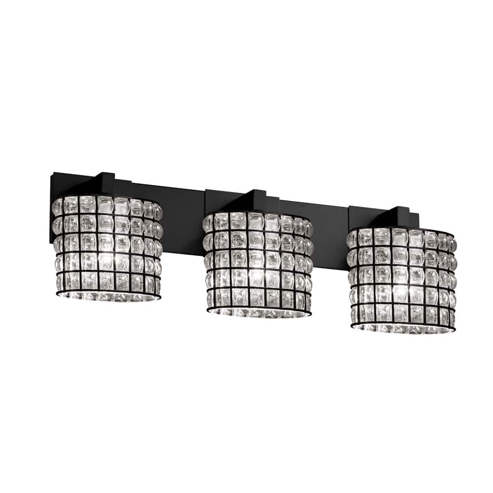 Justice Design Wire Glass Modular 3-Light Matte Black Bath Bar, Grid with Clear Bubbles Oval Shade