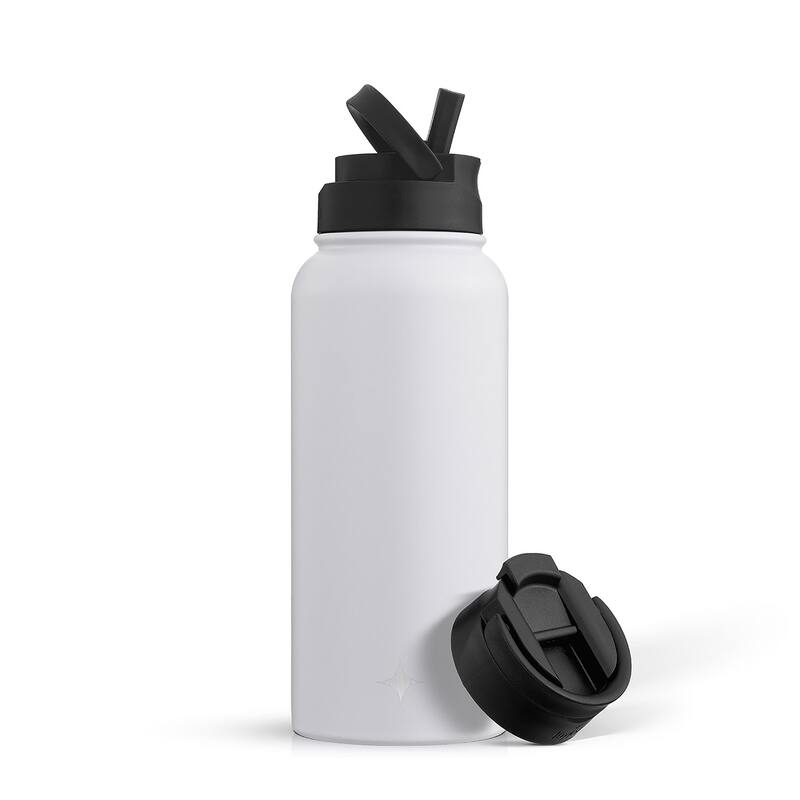 JoyJolt Vacuum Insulated Stainless Steel Water Bottle with Flip Lid & Sport Straw Lid - 32 oz - White