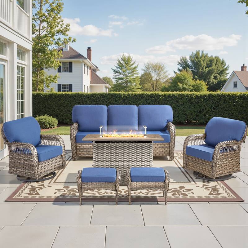 Pocassy Outdoor Fire Table with Swivel Chair Sofa Ottoman Funiture Set. - Gray Wicker Blue Cushion - 6-Piece Sofa Swivel Chair Ottoman w/ Fie Table