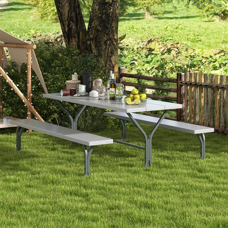 72 Inch 8-Person Outdoor Picnic Table and Bench Set with HDPE Wood-Texture Top and with Built-in Umbrella Hole - Grey