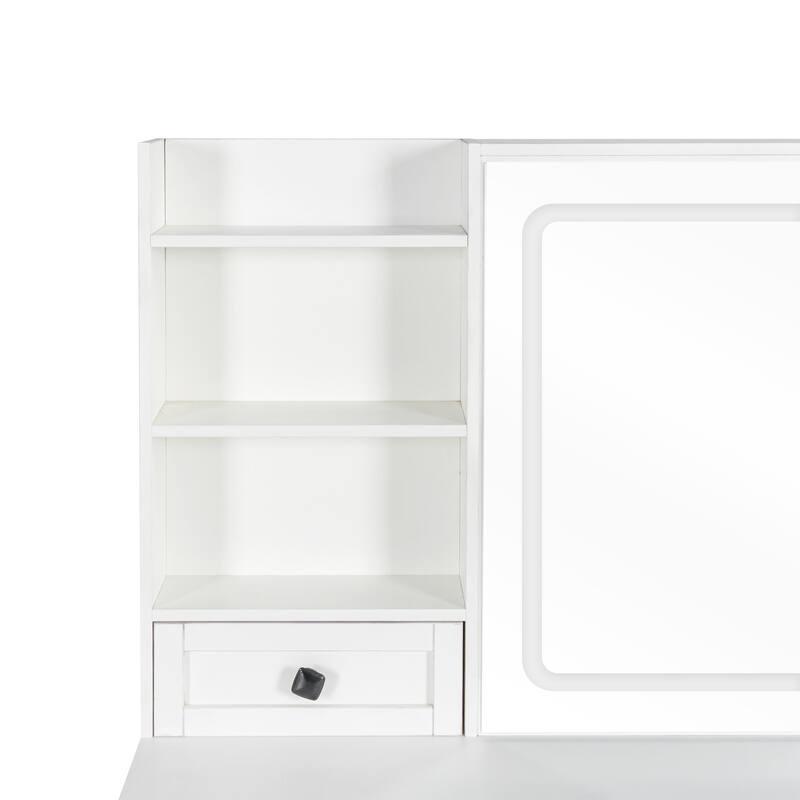 Vanity Desk with Lights & Power Strip, Large Bedroom Makeup Table, Dressing Table Set with Stool, 3 Drawers & 7 Shelves