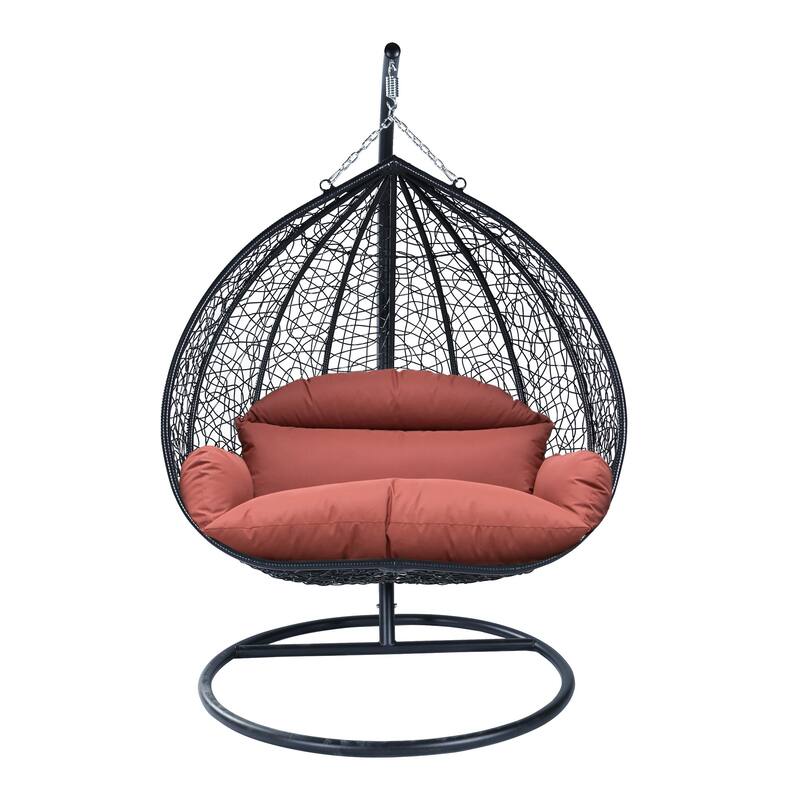 2-Person Outdoor Hanging Egg Chair with Teardrop Frame, Weather-Resistant Cotton Cushioned Seat for Patio and Indoor Use - Dark Orange