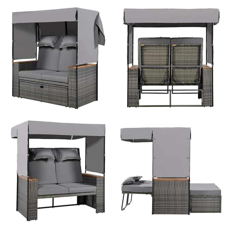 2 Piece Outdoor Rattan Daybed with 5 Positions,Bench and Cushions