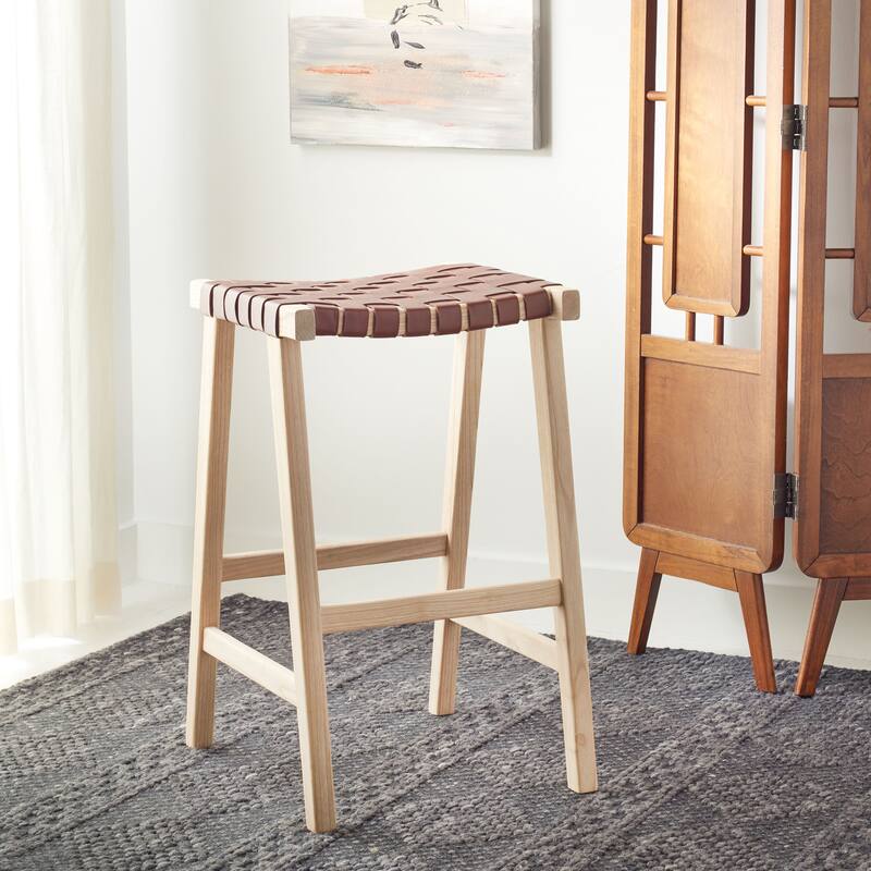SAFAVIEH Remzija 30-inch Woven Leather Rectangle Bar Stool - 20" W x 19" D x 30" H - Cognac/Light Natural