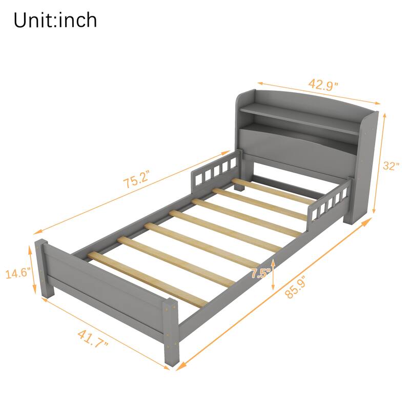 Twin Pine Wood Bed with Bookcase Headboard, LED Motion Sensor Light, Guardrails, Grey