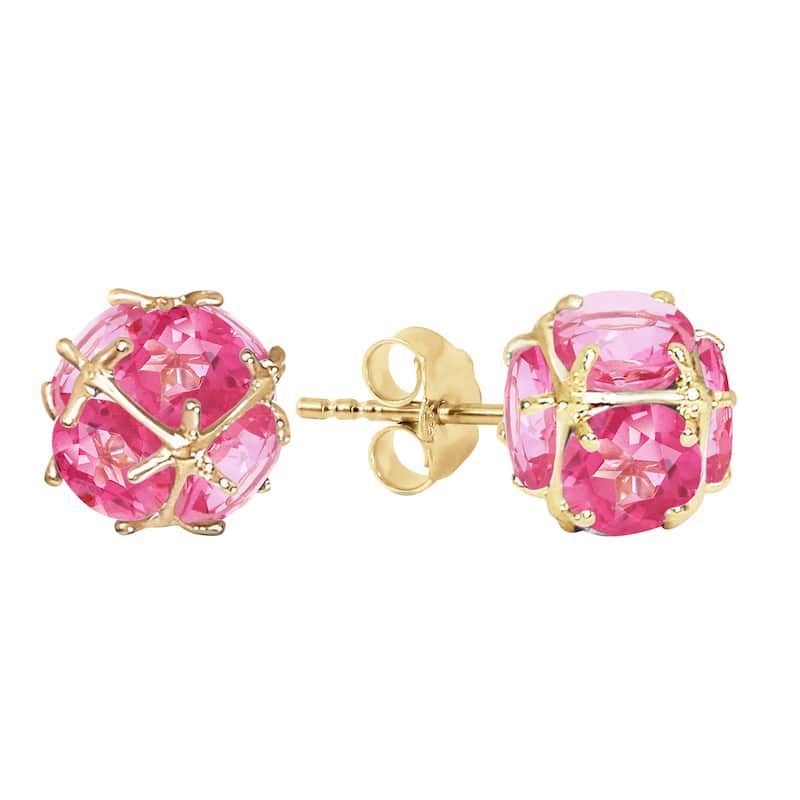 14K Solid Gold Stud Elegant Gemstone Earrings w/ Natural Pink Topaz - Yellow