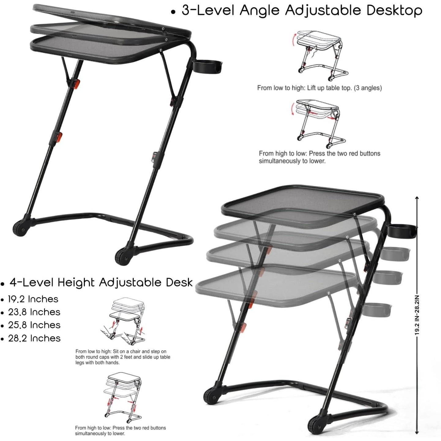 Z-Shaped End Table with Cup Holder, Foldable Side Tray for Sofa