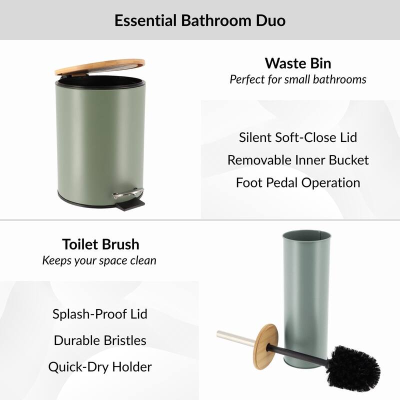 Bathroom Set with Bamboo Lid - Matte Metal Trash Can and Toilet Brush - 15.6" H x 11" L x 11" W
