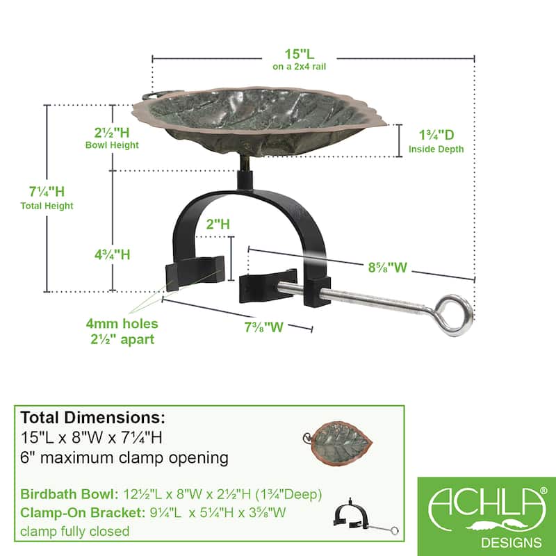 Achla Designs 15"L Round Antique Brass Plated Aspen Leaf Birdbath w/ Wrought Iron Over Rail Bracket