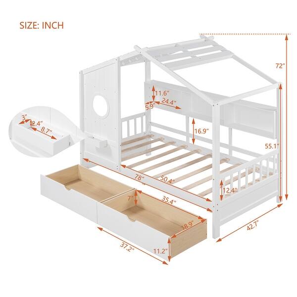 dimension image slide 2 of 4, Wooden House Bed with Roof, 2 Drawers, and Storage Shelf