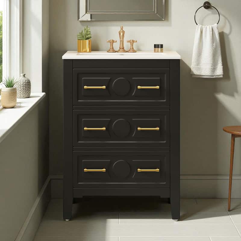 24-Inch Bathroom Vanity with Ceramic Sink, Solid Wood Frame Vanity Cabinet with 3 Drawers, Freestanding Storage - Black
