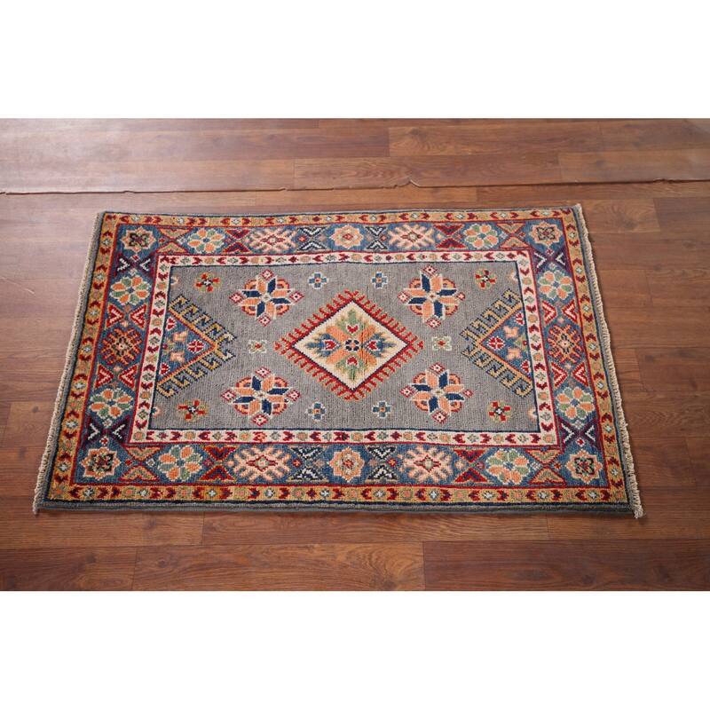 Hand Knotted Oriental 100% Wool Carpet Traditional Geometric Greys & Charcoal Kazak Area Rug - 3' 1'' X 2' 0''
