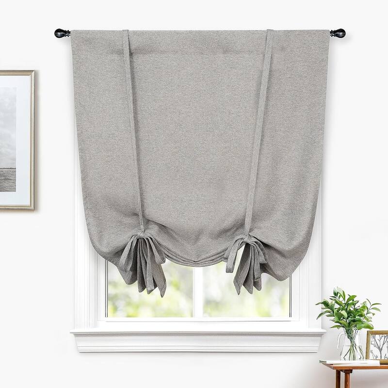 DriftAway Faux Linen Textured Solid Color Blackout Tie Up Curtain for Kitchen Adjustable Balloon Rod Pocket Window Curtains - 42" Width X 63" Length - Gray