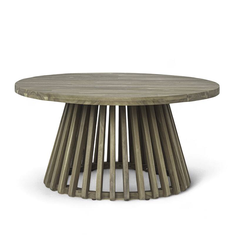 Roomfitters 31.5" Round Outdoor Acacia Wood Coffee Table, Slatted Pedestal Base Patio Table with Weather-Resistant Finish