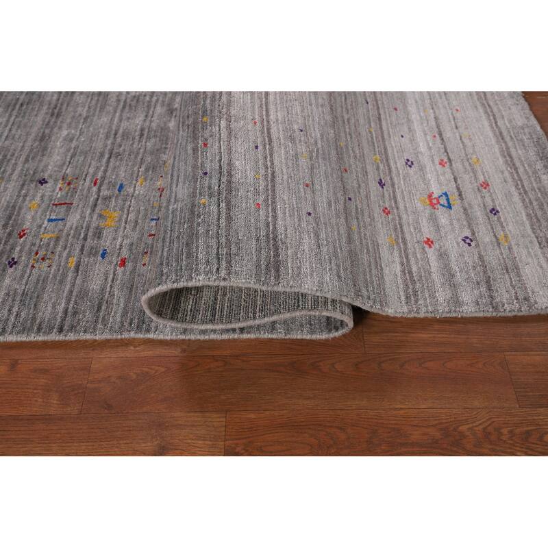 Gray & Green Striped Gabbeh Oriental Area Rug Handmade Silk Carpet - 5'2" x 7'10"