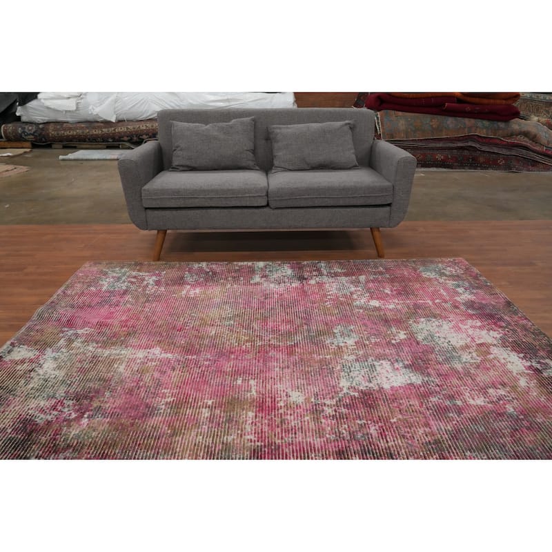 Hand Knotted Oriental Viscose Silk Carpet Modern Abstract Pink Abstract Area Rug - 7' 5'' X 5' 6''