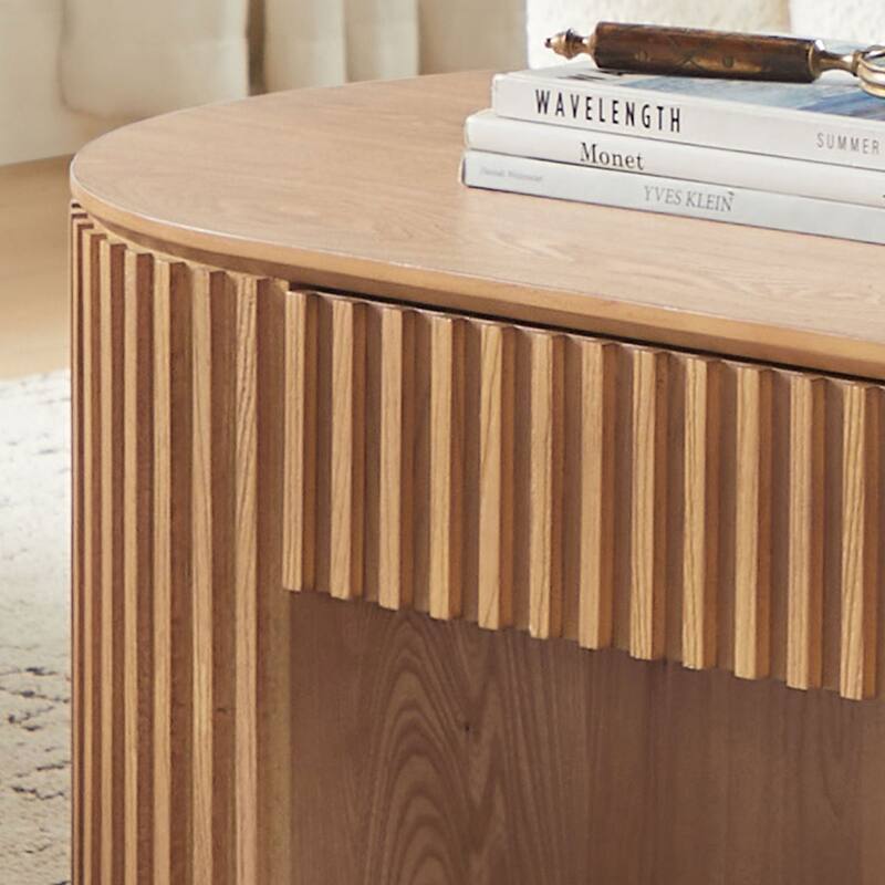 51.18" Oval Wood Coffee Table with Drawer, Mid-Century Modern Tea Table, Handcrafted Relief Center Table