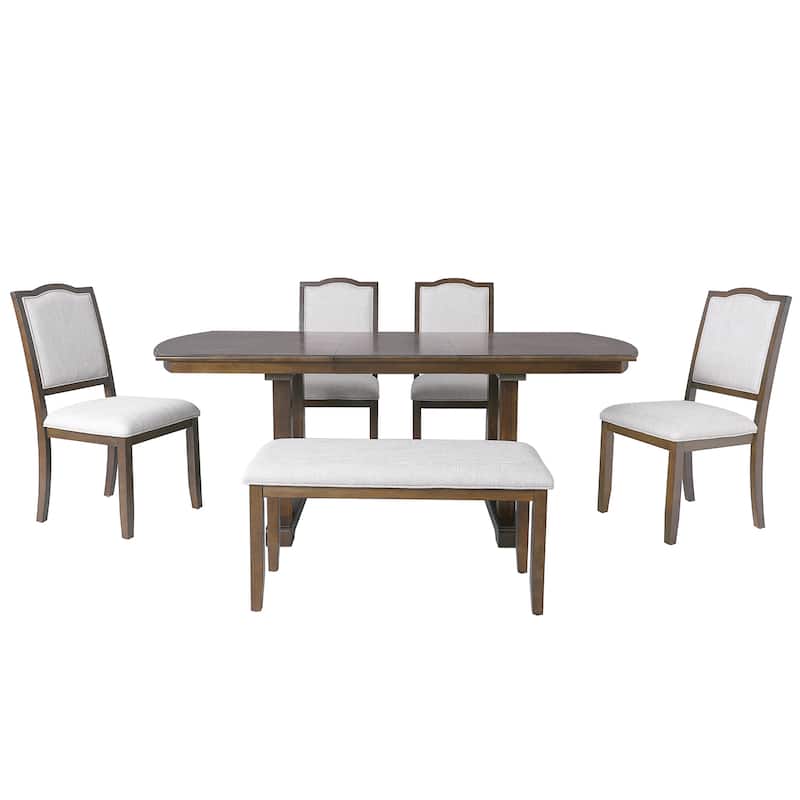 Roomfitters 6-Piece Extendable Dining Table Set, 60-78 Inch Wooden Kitchen Table with Leaf, 4 Upholstered Chairs & Bench
