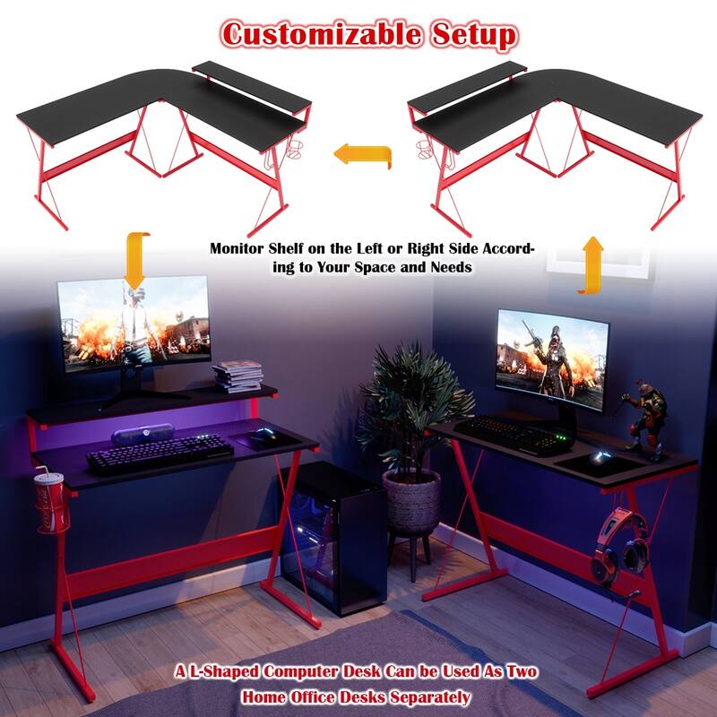 L-Shaped LED Gaming Desk Corner Computer Desk with Monitor Stand