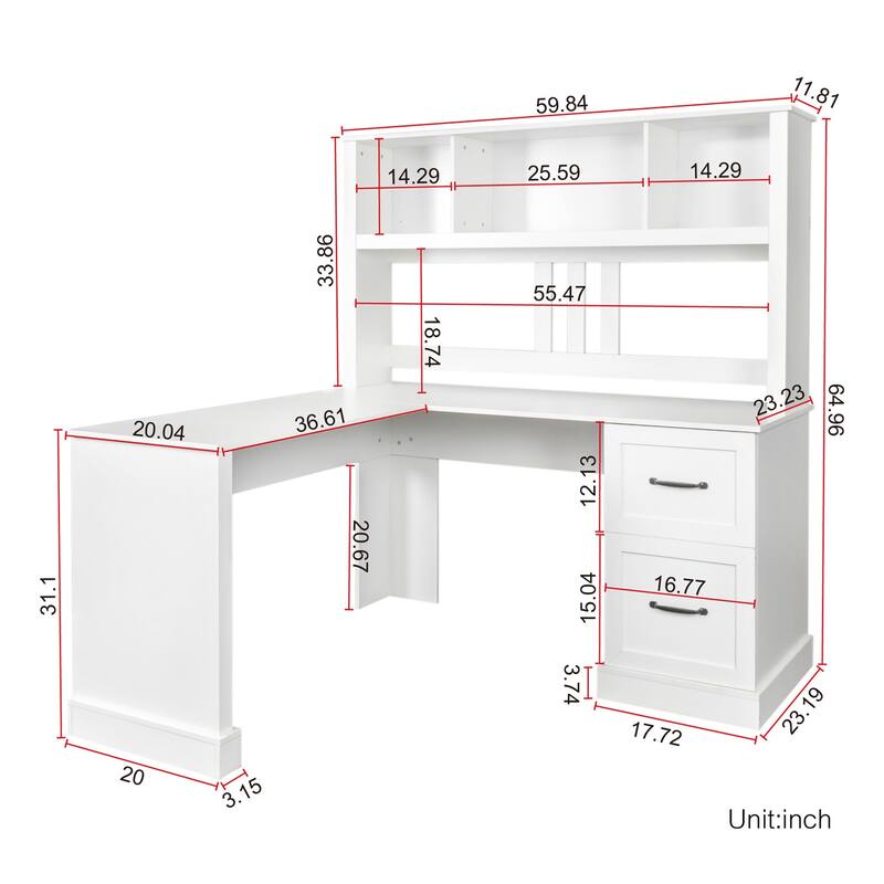 Large Home Office L-Shape Computer Study Desk with 2 Drawers, Shelf