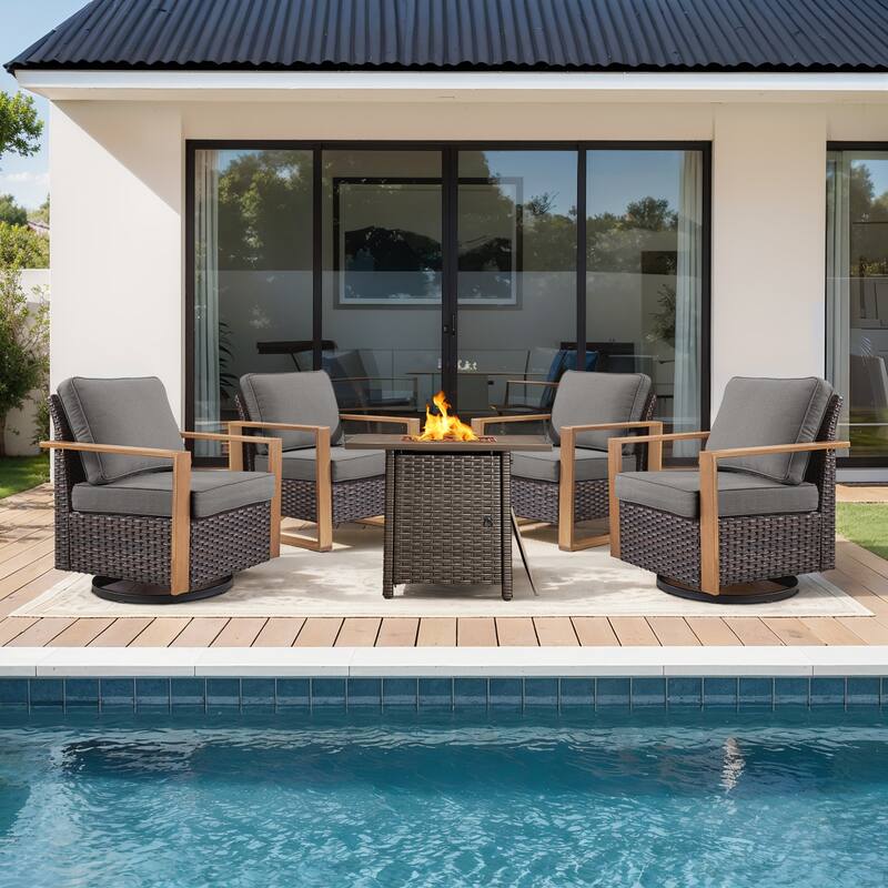 Meyreso 5-Piece Wicker Patio Conversation Set with Fire Pit & Plush 4.5" Olefin Cushions