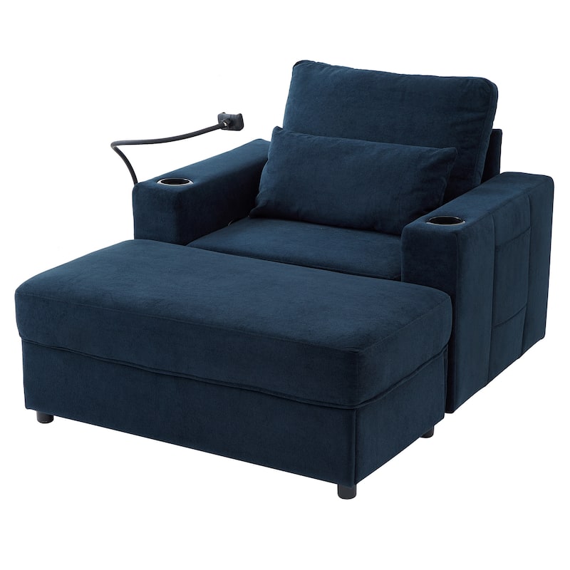 Modern Style Armchair with a Movable Storage Ottoman, Two USB Ports, Two Cup Holders, a Phone Holder and Side Pockets