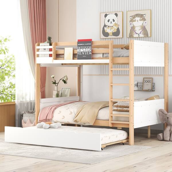 slide 2 of 7, Pine wood+MDF Full over Full Bunk Bed with Twin Size Trundle and Ladder Storage Shelves. White
