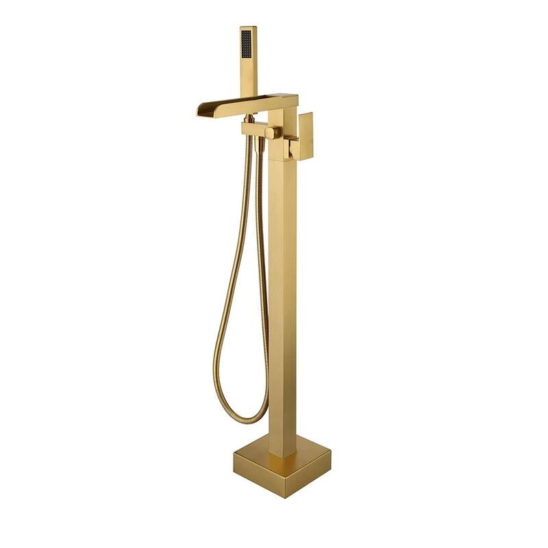 Vanityfair Floor Mount Freestanding Waterfall Bathtub Faucet Tub Filler with Hand Shower - Brushed Gold
