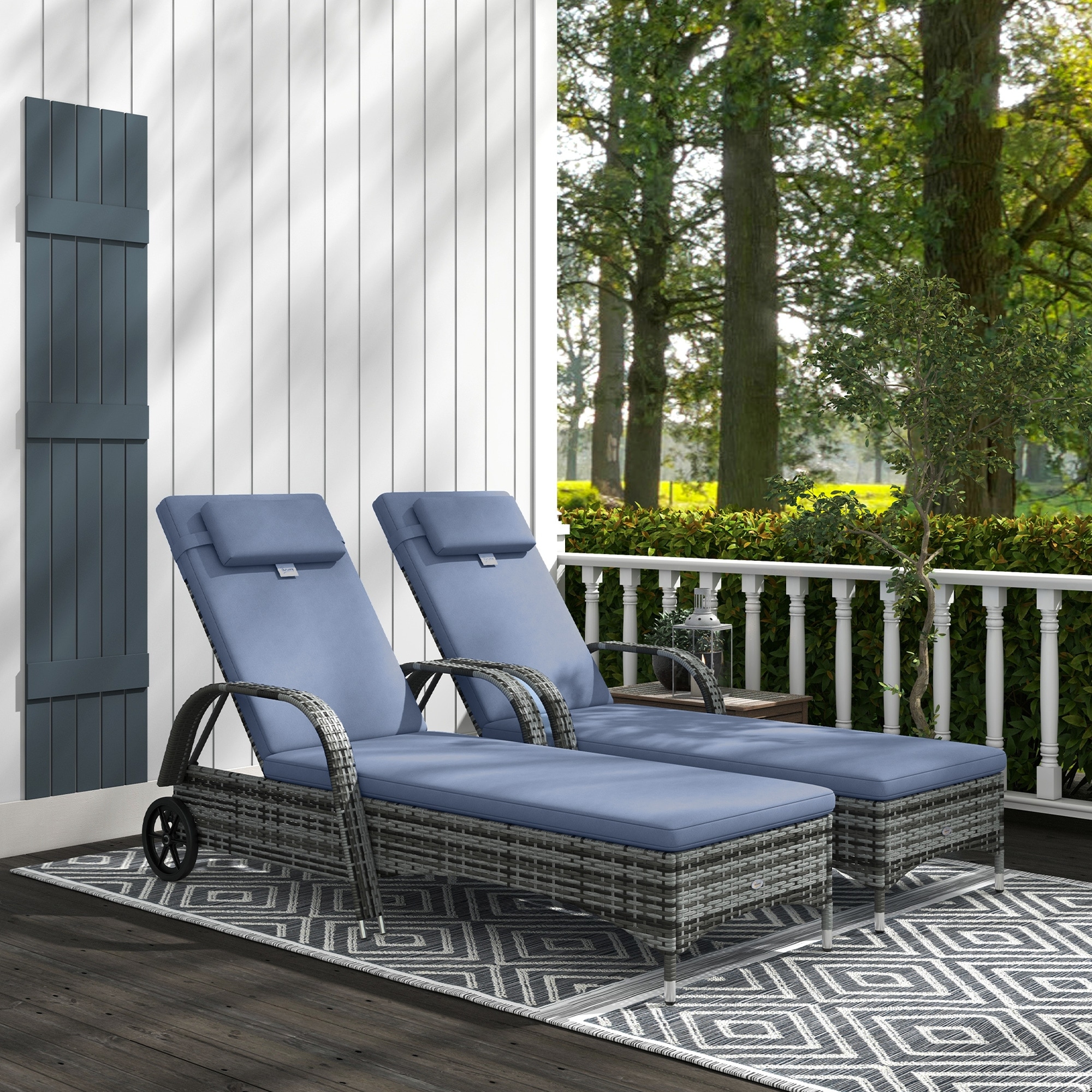 Outsunny Reclining Chaise Lounge Chair, Thickly Cushioned, Headrest, Armrests, Rolling Outdoor PE Rattan Sun Bathing Chair