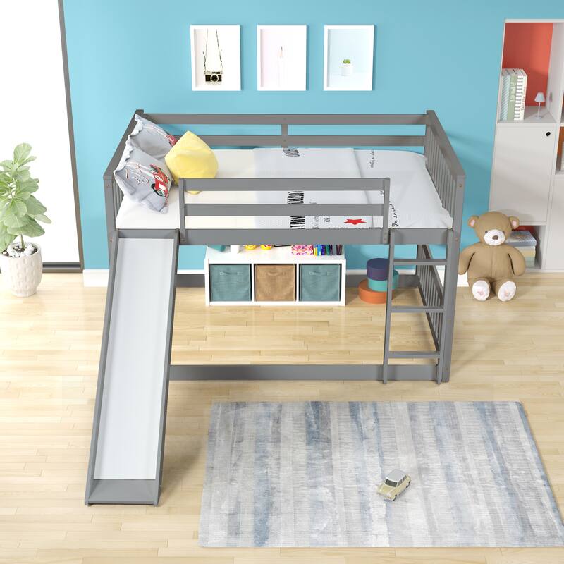 Grey Full Over Full Bunk Bed with Slide and Ladder, Solid Pine Wood Frame, No Box Spring Needed