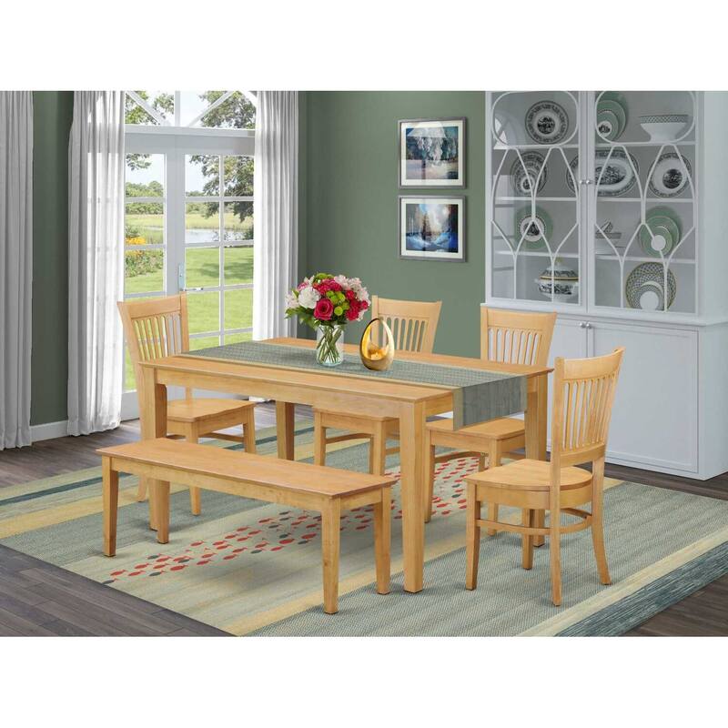 HomeStock 6-Piece Rectangle Natural Oak Finish Solid Wood Top Dining Table with 1 Bench, 4 Chairs with Lattice Back