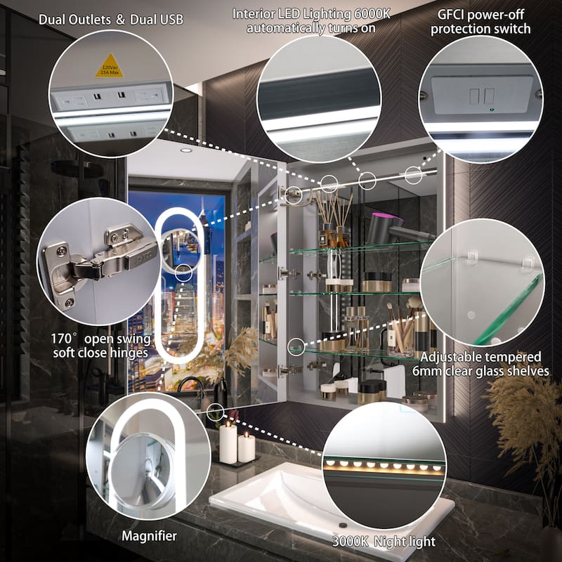 Modland 24"-42W x 36"H LED Medicine Cabinet Mirror with USB Charging,5x Magnifying Mirror