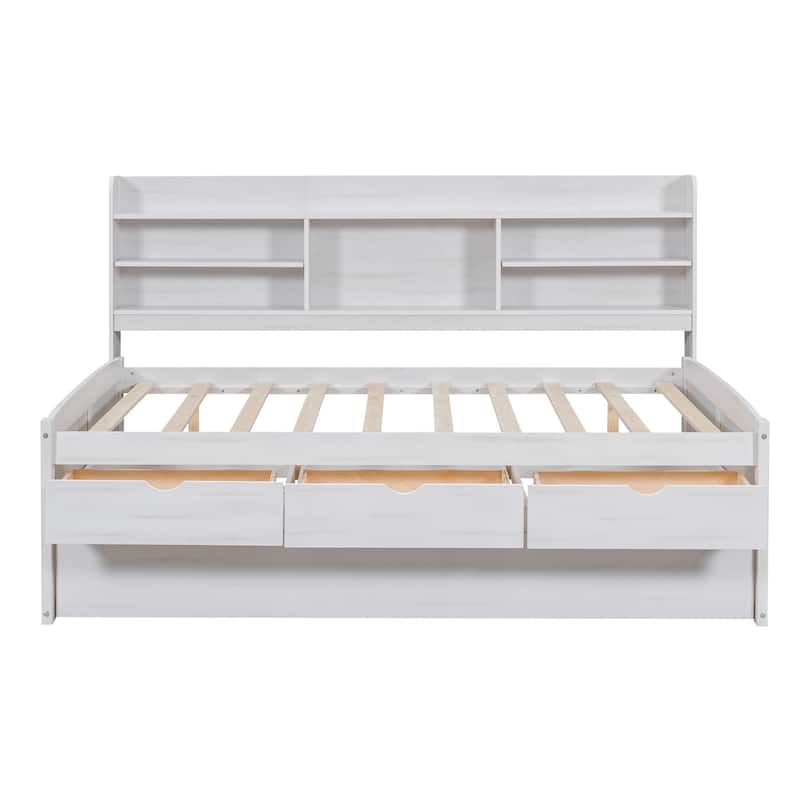 Full Size Wooden Captain Bed with Built-in Bookshelves,Three Storage Drawers and Trundle