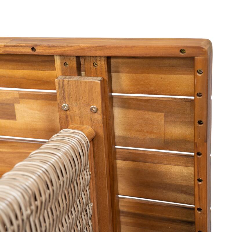 Outdoor Dining Table Acacia Wood Slatted Top with Woven Rattan Base