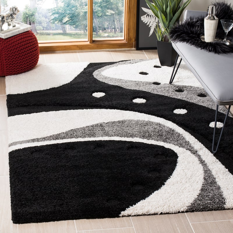 SAFAVIEH Florida Shag Wakaba Abstract 1.2-inch Thick Rug - 6' x 9' - Black/Ivory