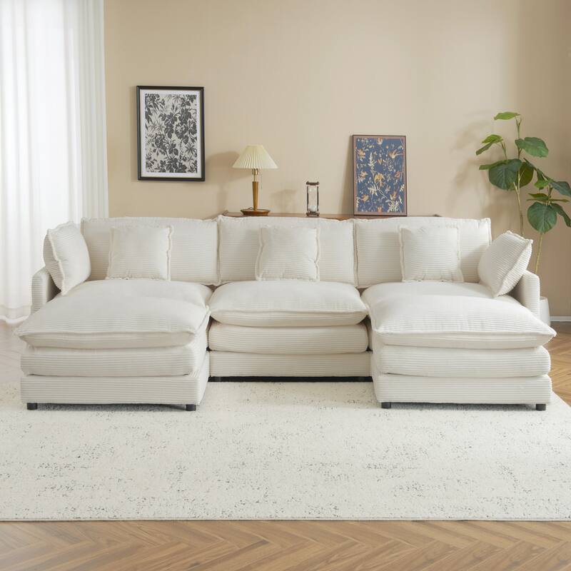 Modular Sofa Couch, Upholstered Corduroy L-Shape Sectional Sofa with Side Storage Pockets and Movable Ottoman