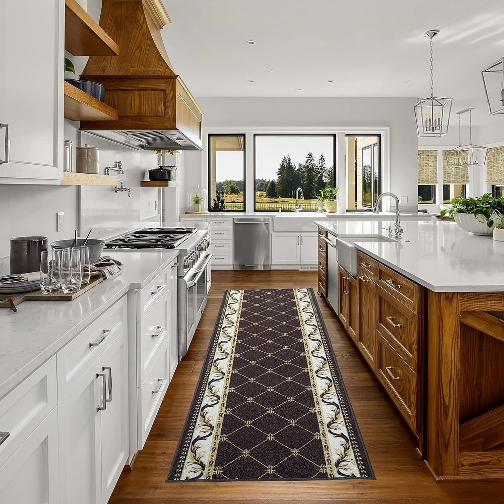 Custom Size French Trellis Design Blue,Brown,Red Color Non-Slip Rubber Backing-26 Inch WidexYour Choice of Length Runner Rug