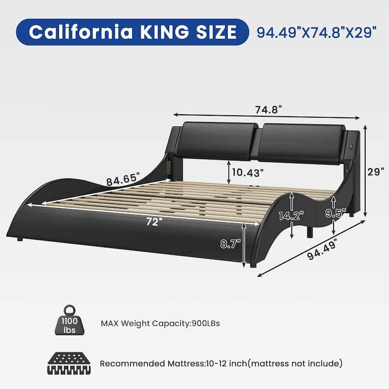 Bed Frame with Headboard Charging Ports Low Profile Platform Bed LED Lights Wave Curve