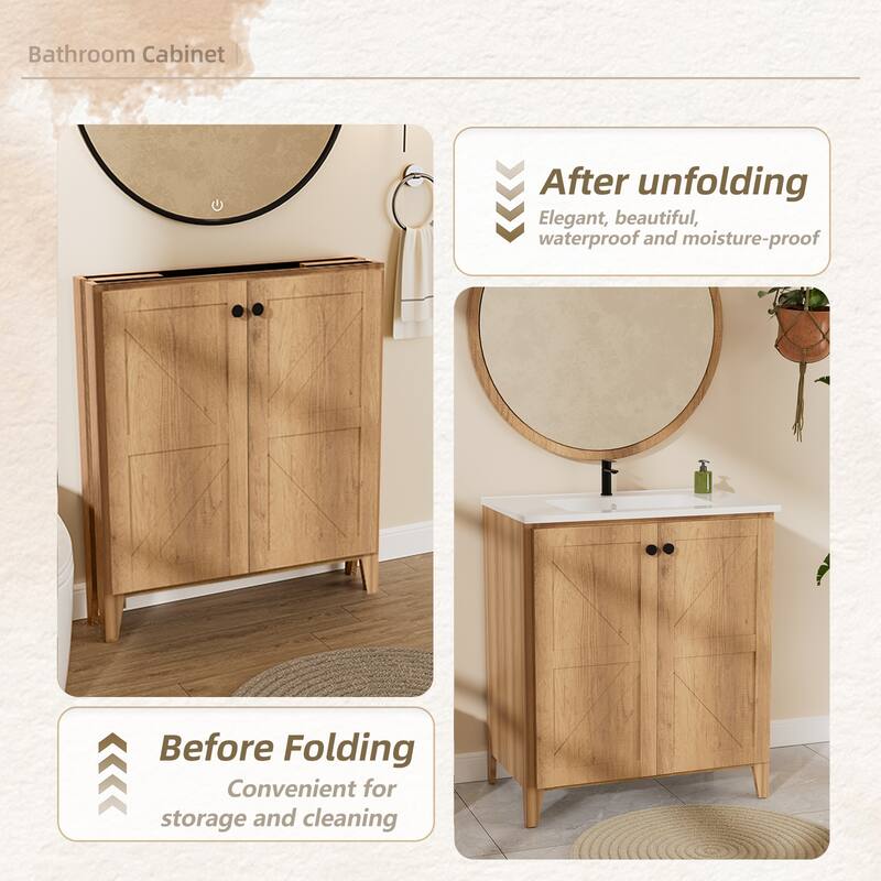 30inch Folding Floor Cabinet With Ceramic Sink- Patented 1-Minute Install, Space-Saving & Easy Assemble