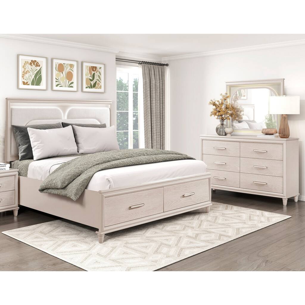 Modern Bedroom Furniture 3pc Set LED Bed Dresser Mirror