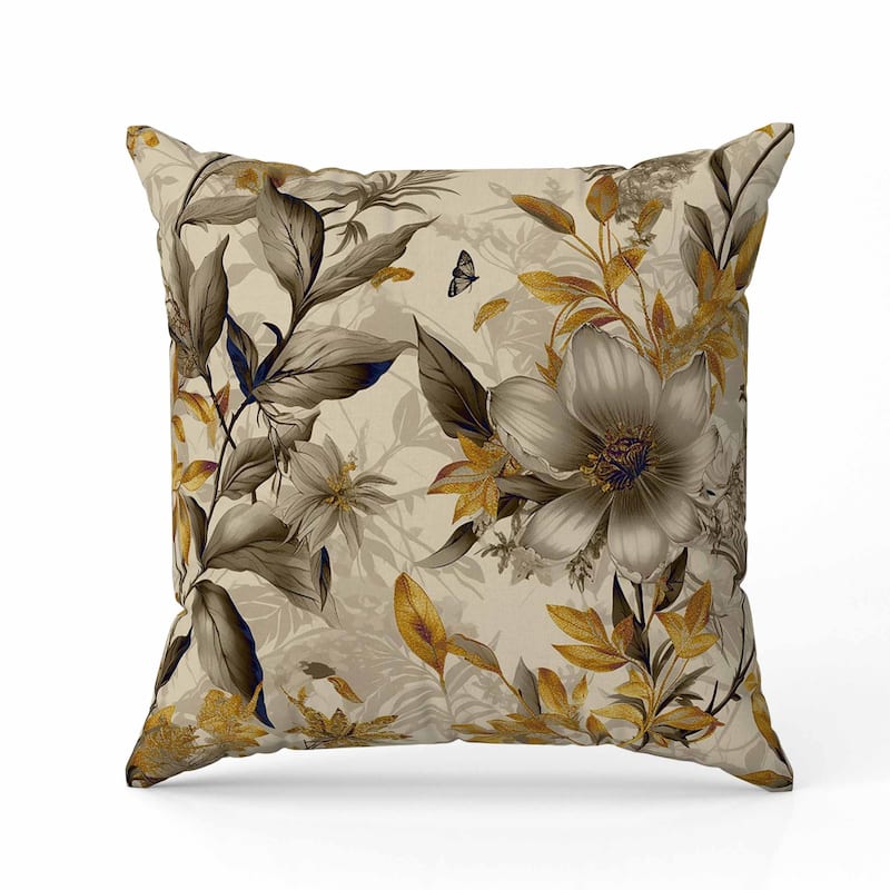 Exquisite Floral Breeze Faux Suede Reversible Throw Pillow Gold and Vanilla
