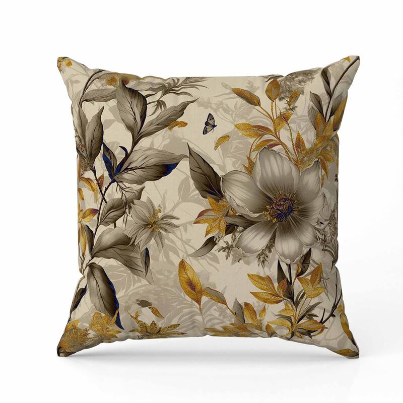 Exquisite Floral Breeze Indoor/Outdoor Reversible Throw Pillow Gold and Vanilla