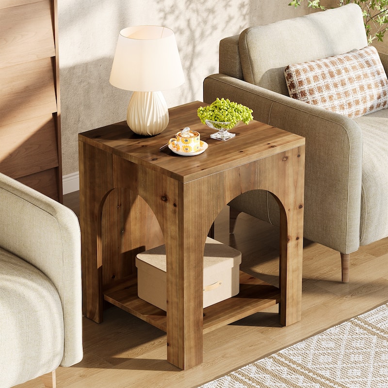 2 Tier End Table for Living Room, Square Couch Side Table for Bedroom, Farmhouse Style