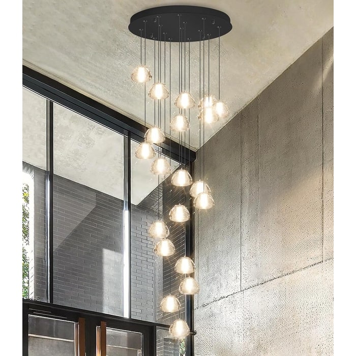 KAYLA 30-Lights Gold Modern Crystal Chandelier for Staircases, 157" Extra-Long Adjustable LED Ceiling Light - 20-Light - Black