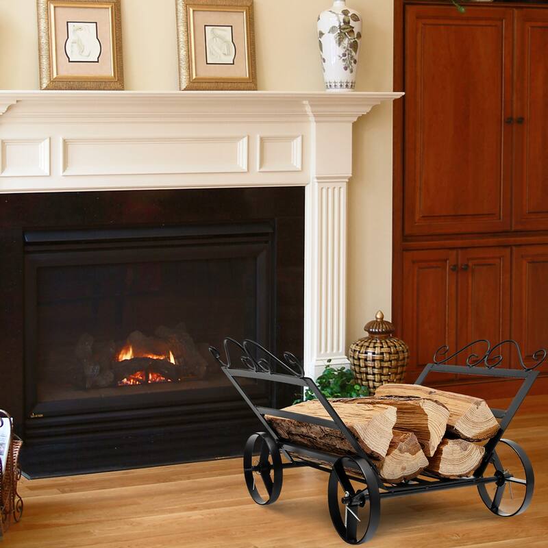 Costway Firewood Storage Rack Steel Fireplace Log Holder w/ Wheels - See Details