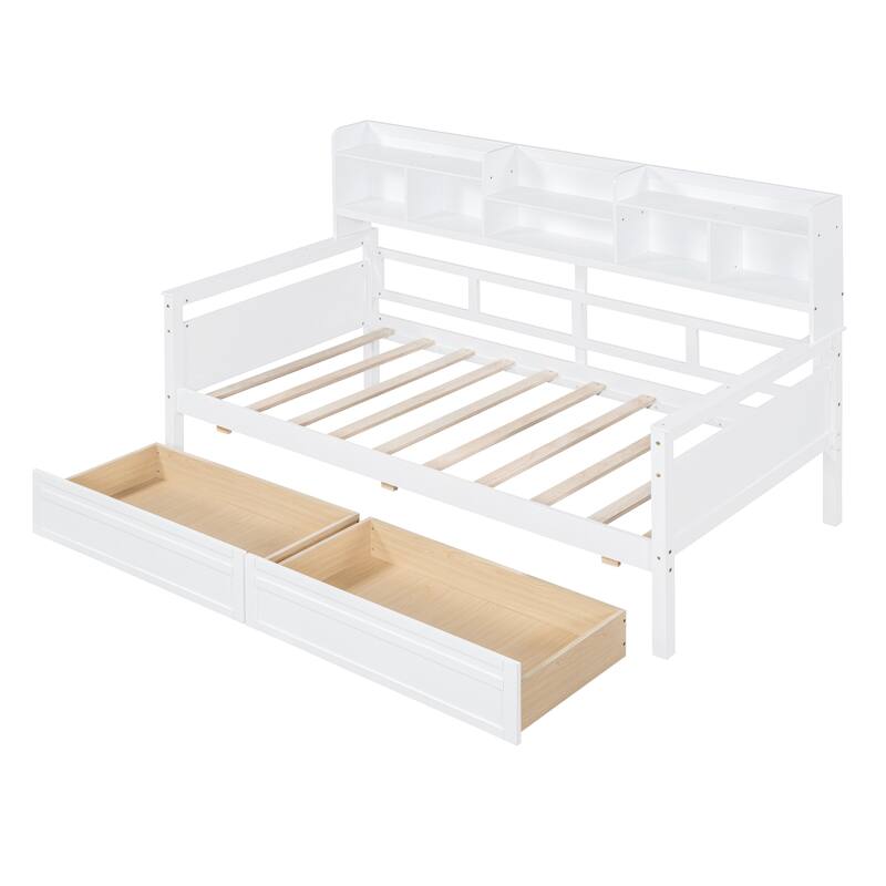 White Twin Daybed with Wood Slats, Shelves & 2 Drawers - Space-Saving Multi-Functional Furniture